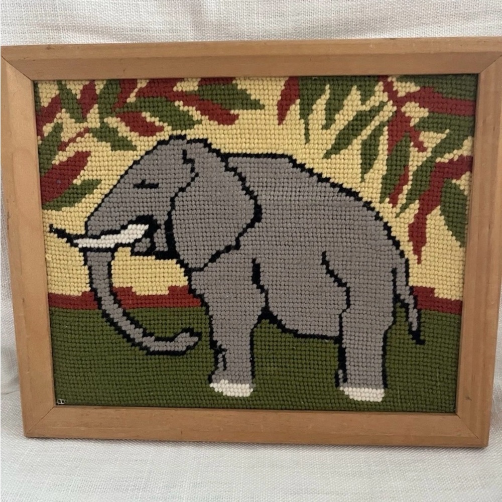 Vintage Elephant Needlepoint Art in Wooden Frame 9x11” Charming Cottage Vibe Fun